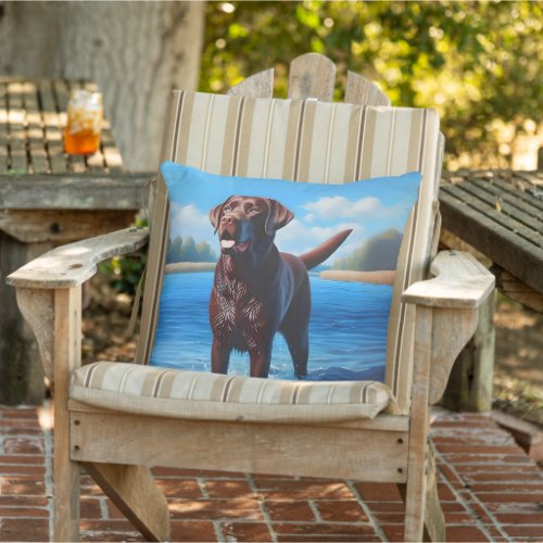 Chocolate Labrador and Blue Lake Outdoor Pillow