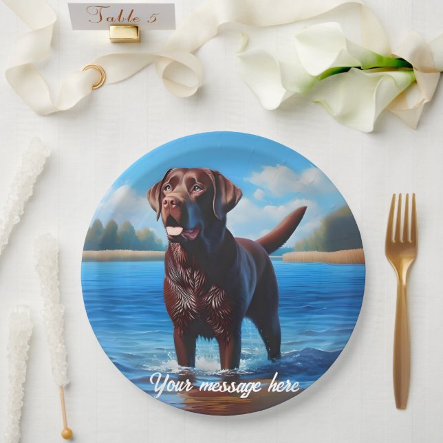Chocolate Labrador and Blue Lake Paper Plates (Wedding)