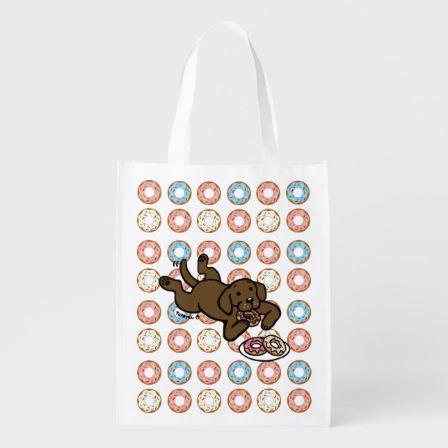 Chocolate Labrador and Doughnuts Grocery Bag (Front)