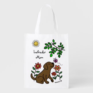 Chocolate Labrador and Green Grocery Bag