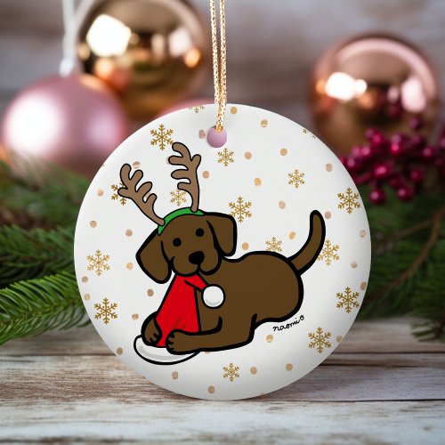 Chocolate Labrador and Santa Christmas Cartoon Ceramic Ornament