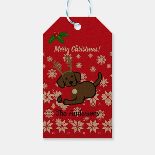 Chocolate Labrador and Santa Christmas Cartoon Gift Tags