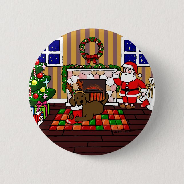 Chocolate Labrador and Santa Christmas Cartoon Pinback Button (Front)