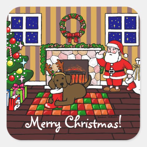 Chocolate Labrador and Santa Christmas Cartoon Square Sticker