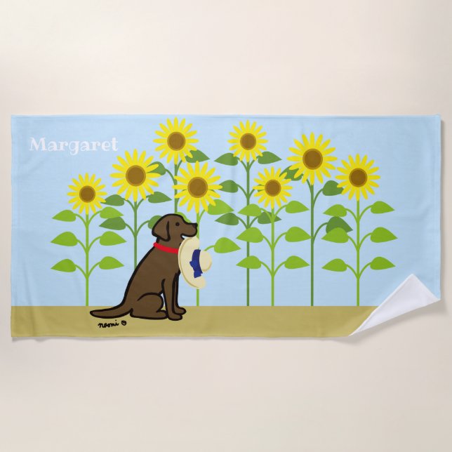 Chocolate Labrador and Sunflowers Summer Beach Towel (Front)