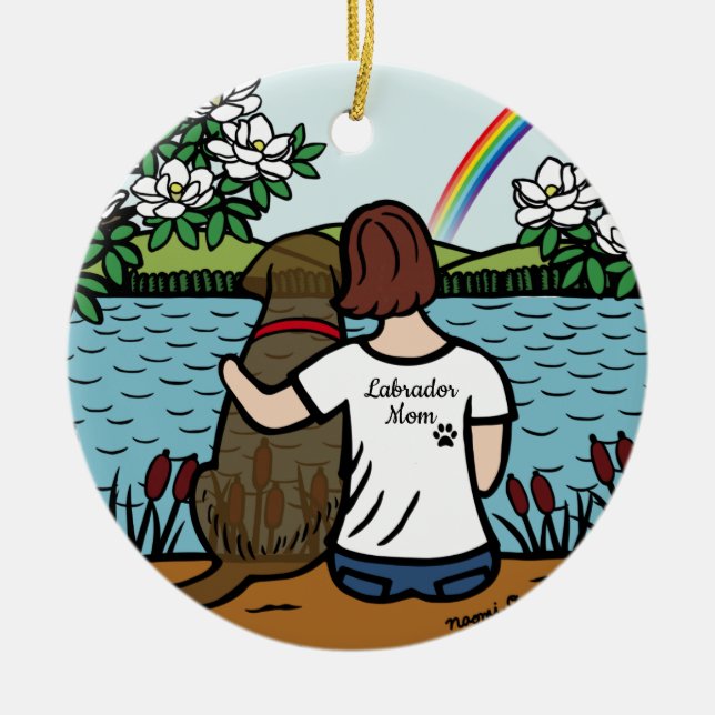 Chocolate Labrador Angel and Mom Brown Ceramic Ornament (Front)