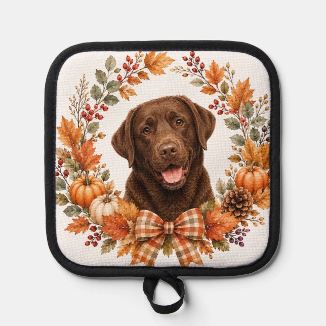 Chocolate Labrador Autumn Pot Holder (Front)