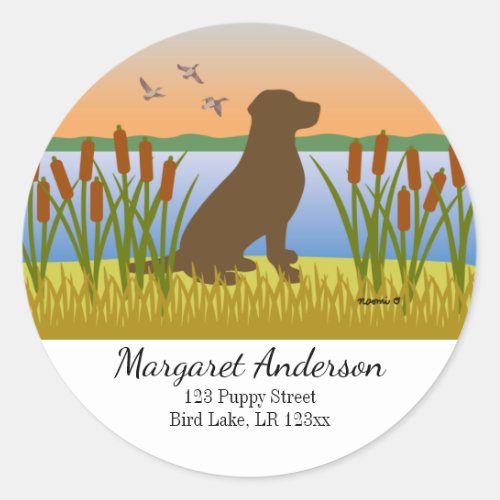 Chocolate Labrador Bird Dog Sunset Address Classic Round Sticker