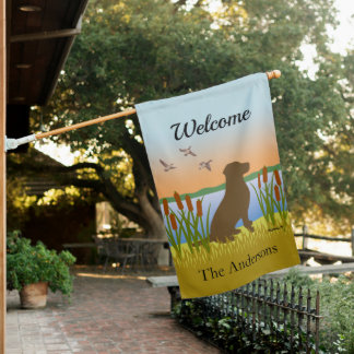 Chocolate Labrador Bird Dog Sunset House Flag