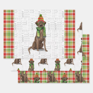 Chocolate Labrador Christmas Dog Plaid Wrapping Paper Sheets