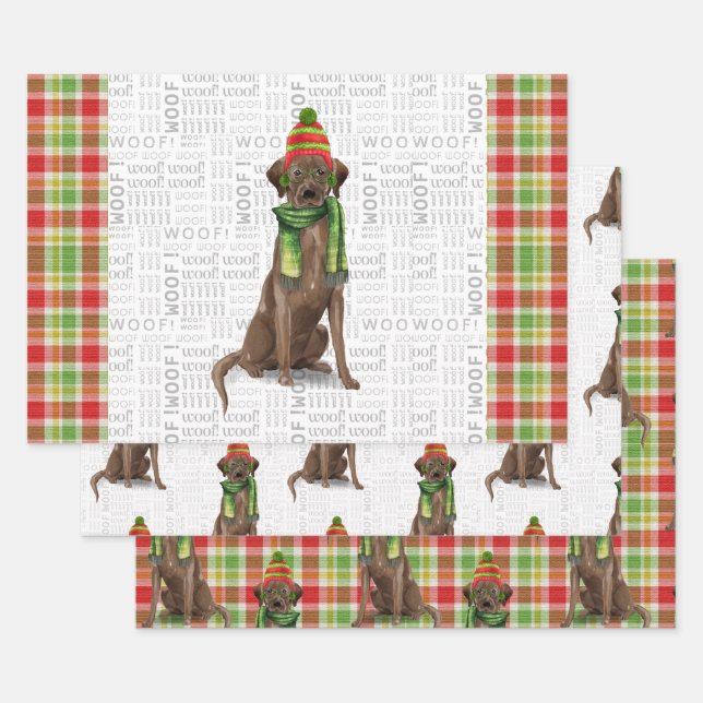 Chocolate Labrador Christmas Dog Plaid Wrapping Paper Sheets (Set)