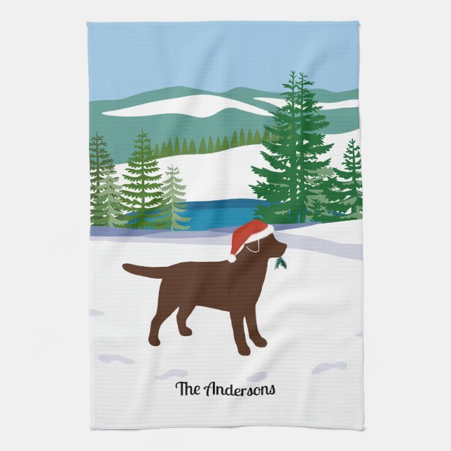 Chocolate Labrador Christmas Evergreen Santa Hat Kitchen Towel (Vertical)