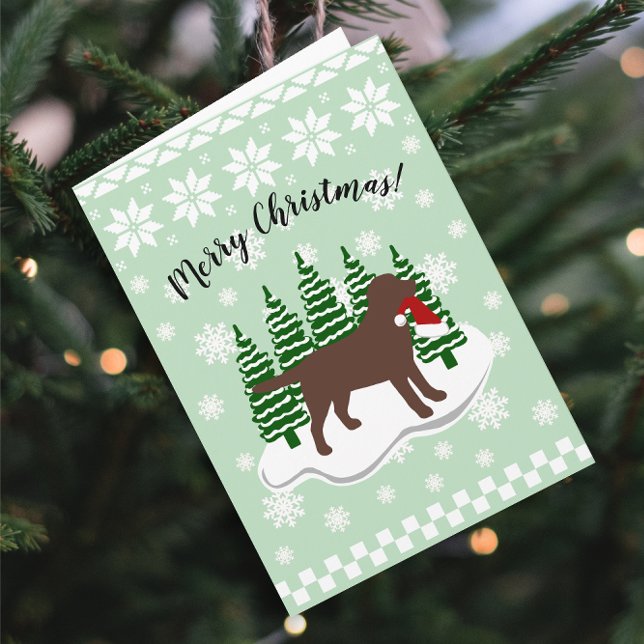 Chocolate Labrador Christmas Evergreen Snowflakes Holiday Card (Chocolate Labrador Evergreen Snowflakes Design Christmas Cards for Labrador Owners.  Silhouette.)