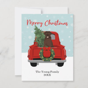Chocolate Labrador Christmas Red Truck Family Name Holiday Card
