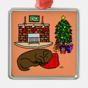 Chocolate Labrador Christmas Tree Illustration Metal Ornament