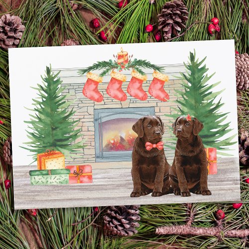 Chocolate Labrador Dog Christmas Fireplace Holiday Card