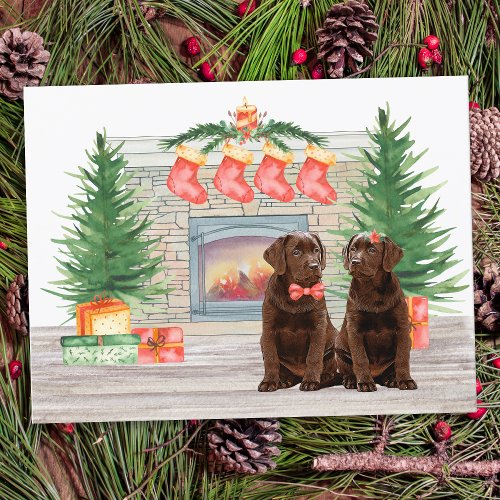 Chocolate Labrador Dog Christmas Fireplace Holiday Postcard
