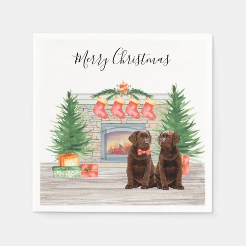 Chocolate Labrador Dog Christmas Fireplace Napkins