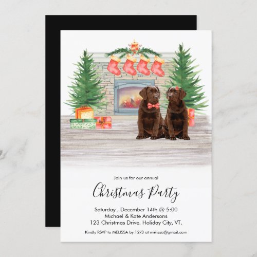 Chocolate Labrador Dog Christmas Fireplace Party Invitation