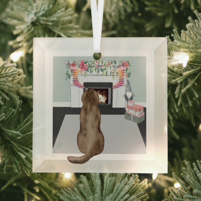 Chocolate Labrador Dog Christmas Fireplace Scene Glass Ornament (Insitu)