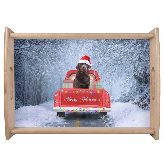 Chocolate Labrador Dog in Snow Christmas  Serving Tray (Front)