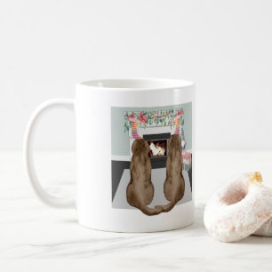 Chocolate Labrador Dogs Christmas Fireplace Scene Coffee Mug