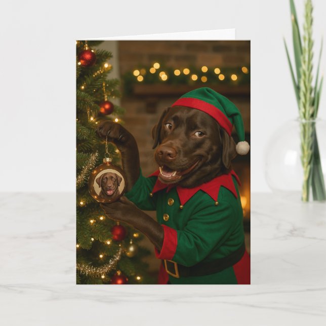 Chocolate  Labrador hanging bauble Christmas card (Front)