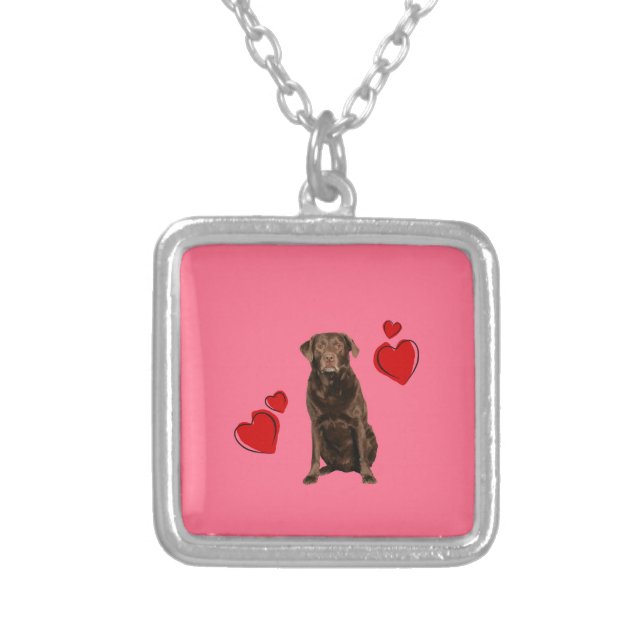 Chocolate Labrador Happy Valentine's Day Silver Plated Necklace (Front)