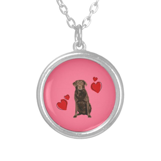 Chocolate Labrador Happy Valentine's Day Silver Plated Necklace (Front)