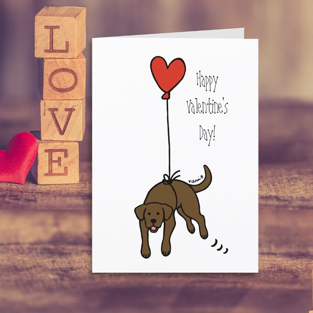 Chocolate Labrador Heart Balloon Valentine Holiday Card (Chocolate Labrador Heart Balloon Valentine's Day Cards for Labrador Owners.  Cartoon Art Design.)