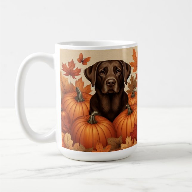 Chocolate Labrador in Autumn Setting with Pumpkins Coffee Mug (Left)