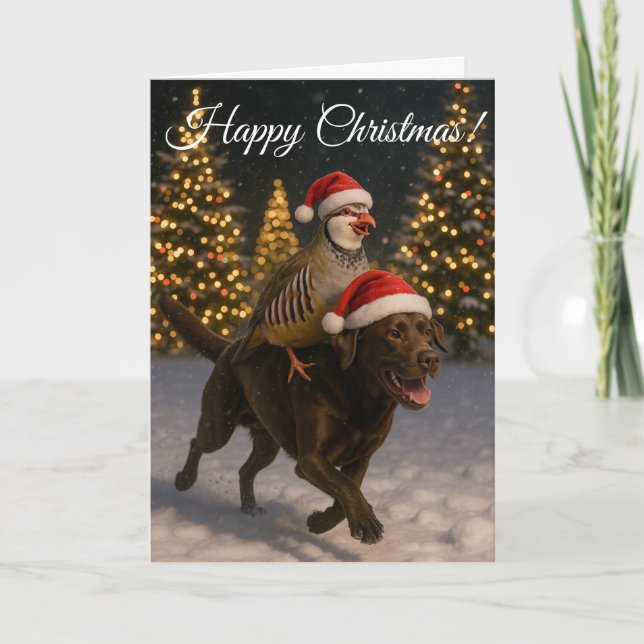 Chocolate Labrador & Partridge Christmas card (Front)