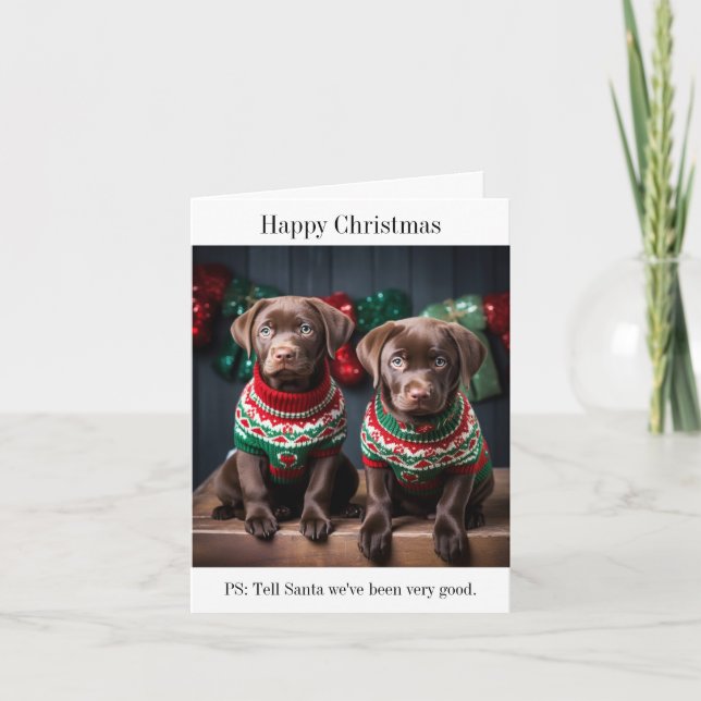 Chocolate Labrador Puppies Christmas Card (Front)