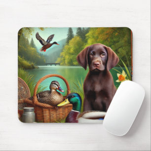 Chocolate Labrador Puppy by a Lake with Ducks Mouse Pad
