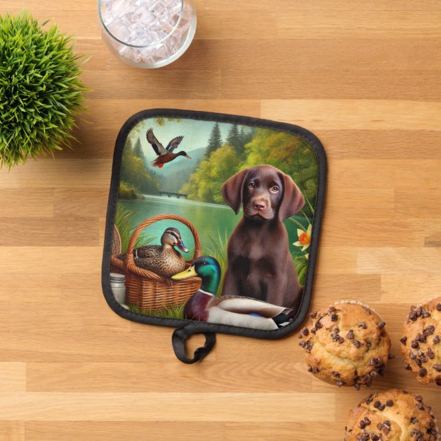 Chocolate Labrador Puppy by a Lake with Ducks Pot Holder (Top Down)