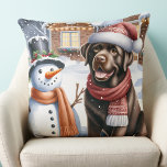 Chocolate Labrador Puppy Dog Snowman Christmas Throw Pillow<br><div class="desc">Introducing the perfect addition to your holiday decor - our Labrador Retriever Christmas pillows! Available in black, yellow, or chocolate labrador, these pillows are a must-have for any dog lover. Choose from cozy fireplace scenes, joyful puppies in the snow, or festive labrador dogs to make your living space feel warm...</div>