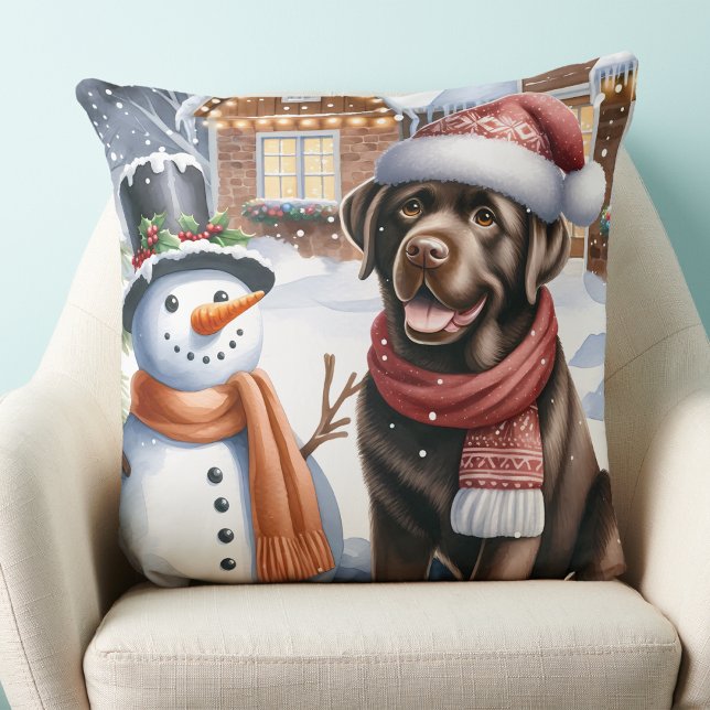 Chocolate Labrador Puppy Dog Snowman Christmas Throw Pillow (Creator Uploaded)