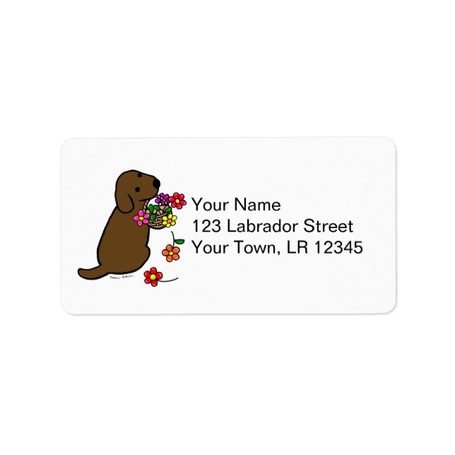 Chocolate Labrador Puppy Flower Basket Cartoon Label (Front)
