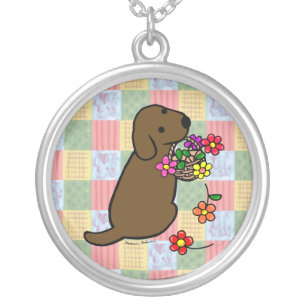 Chocolate Labrador Puppy Flower Basket Silver Plated Necklace
