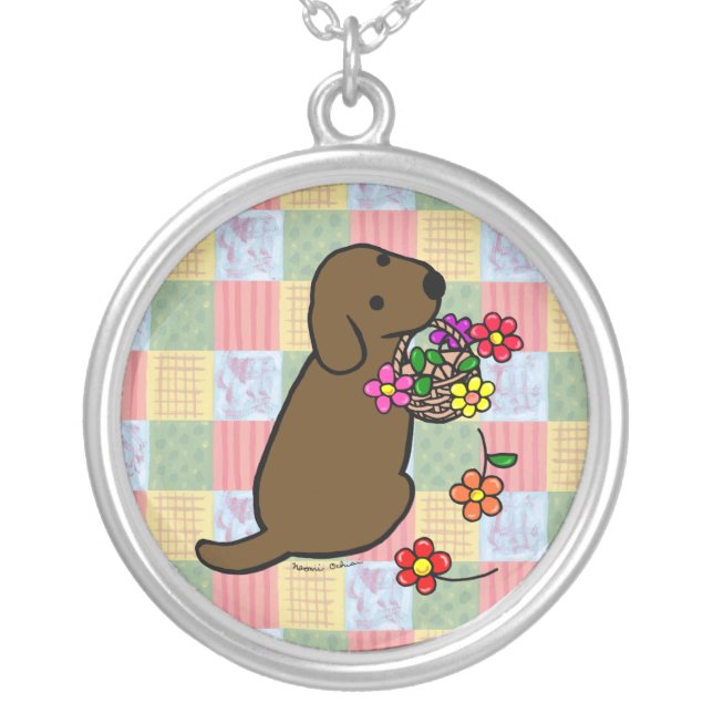 Chocolate Labrador Puppy Flower Basket Silver Plated Necklace (Front)