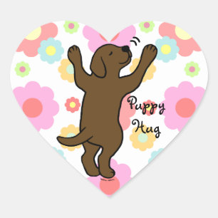 Chocolate Labrador Puppy Hug Cartoon Floral Heart Sticker