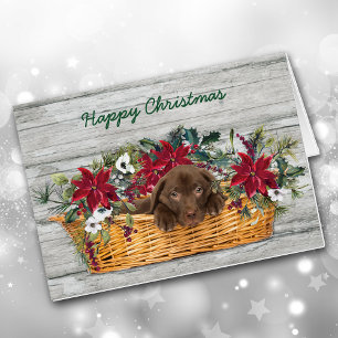 Chocolate Labrador Puppy in Basket Christmas Card