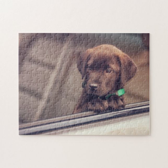Chocolate Labrador Puppy In Car Jigsaw Puzzle (Horizontal)