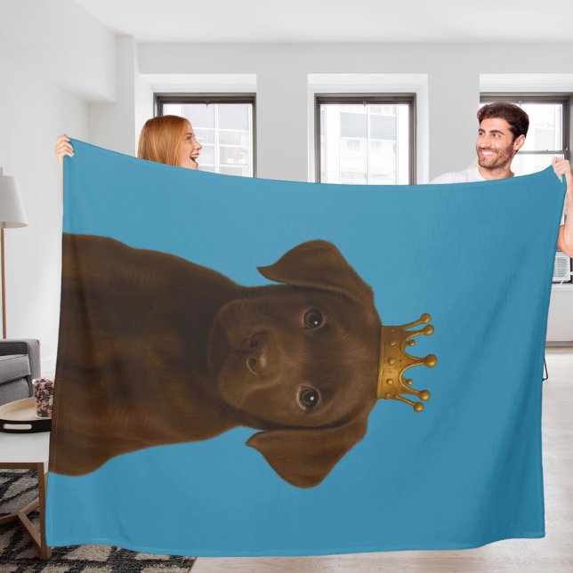 Chocolate Labrador Puppy in Gold Crown Cute Fleece Blanket (Chocolate Labrador Puppy in Gold Crown Cute Fleece Blanket by Ricaso. Choc lab pup dog on blue)