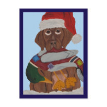Chocolate Labrador Puppy in Santa Hat & duck toy