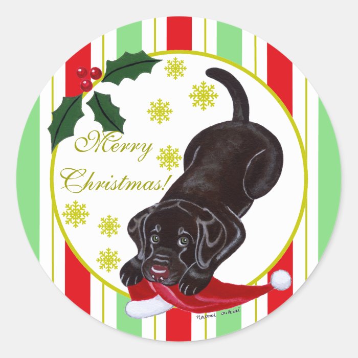 Chocolate Labrador Puppy & Santa Hat Christmas Round Stickers