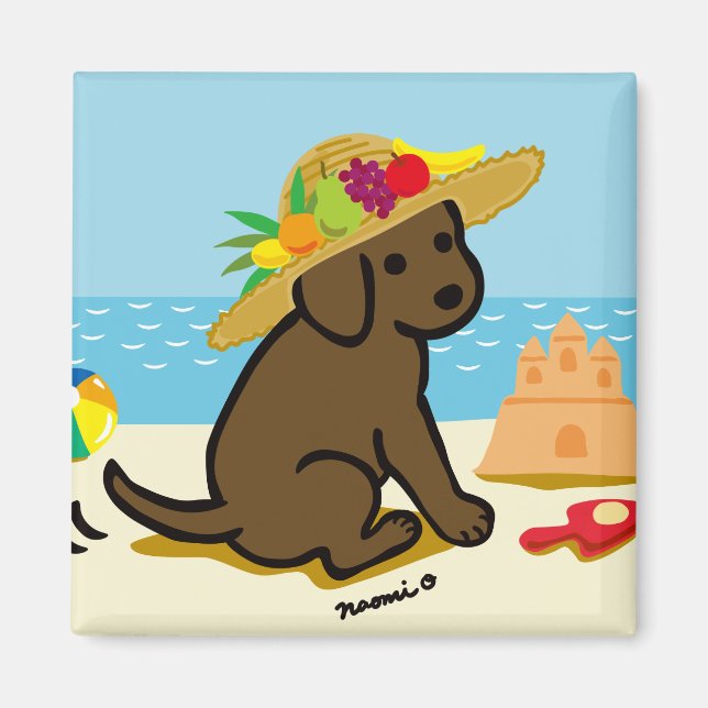 Chocolate Labrador Puppy Straw Hat Cartoon Magnet (Front)