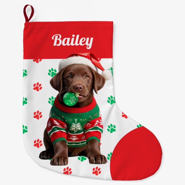 Chocolate Labrador Puppy Sweater Personalized Large Christmas Stocking (Front)