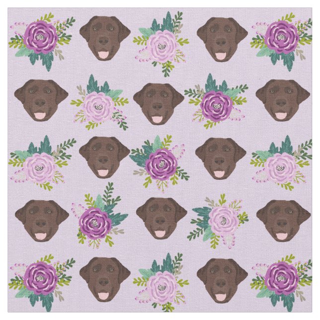 Chocolate labrador purple florals pattern fabric (Close Up)