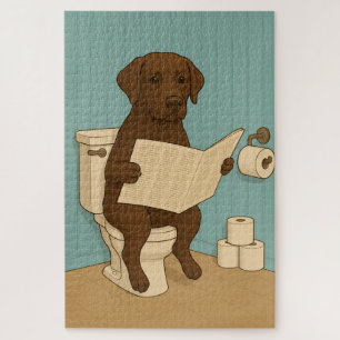 Chocolate Labrador Reading Newspaper on Toilet Jigsaw Puzzle